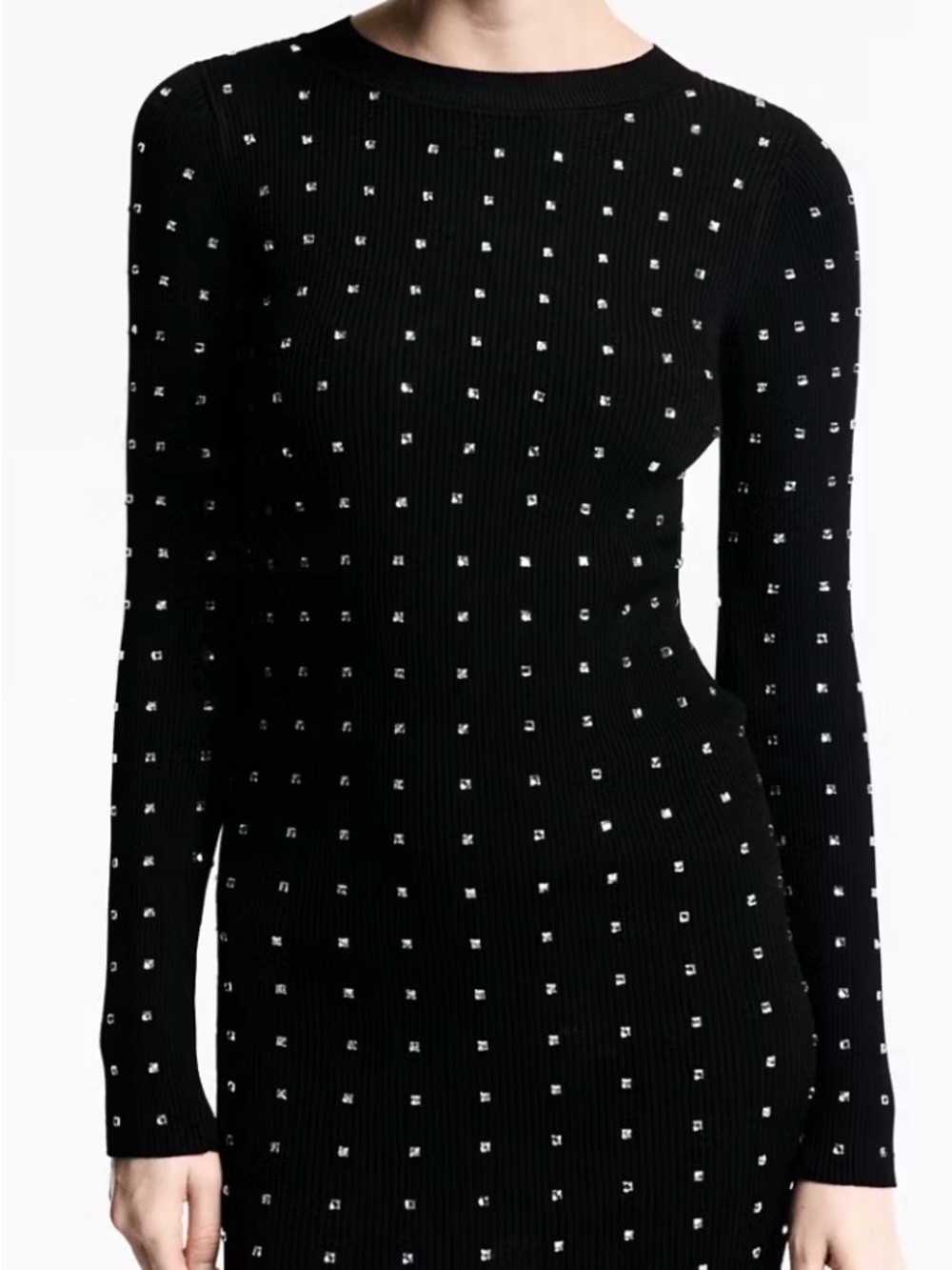 Mango Black Ribbed Long-Sleeve Dress with Silver Studs